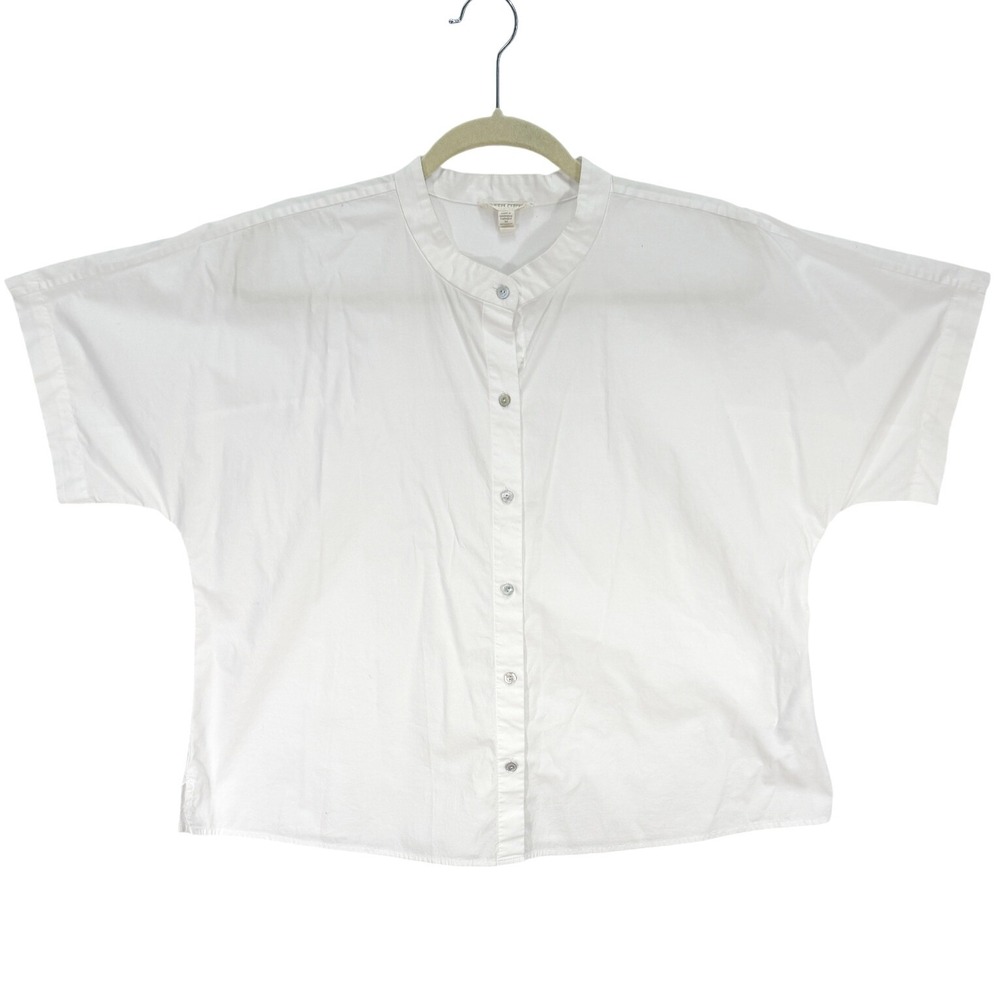 Eileen Fisher Mandarin Collar Shirt Organic Cotton Boxy Button White Size Medium - Picture 2 of 11